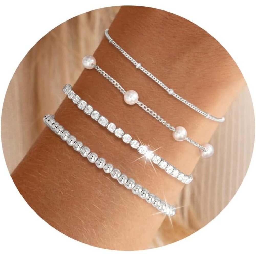 Pearl Silver Gold 4 Pcs Bracelets Stack Dainty Je… - image 1